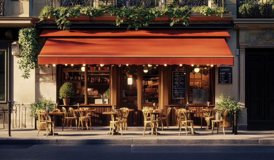 A cafe with a deep orange awning and small tables set out on the pavement